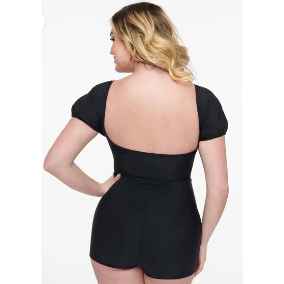 Unique Vintage Pinky Pinups 1950’s Black Bow Romper One Piece Swim Suit 2X NWOT - Picture 3 of 4